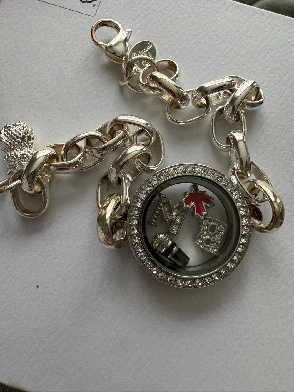 Origami Owl Silver Charm Locket Bracelet with Red Accent